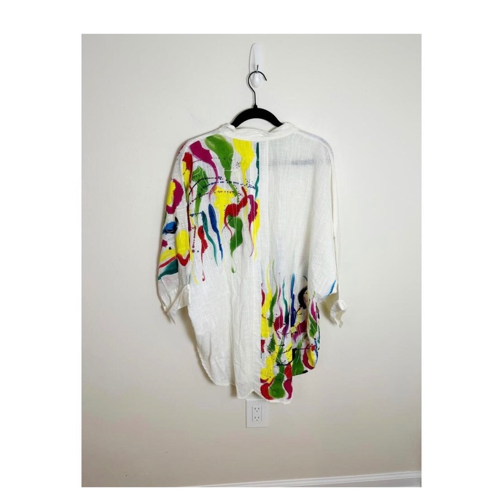 Dilemma Button Down Women OS White Paint Splatter Organic Cotton Oversized Shirt - Picture 2 of 8